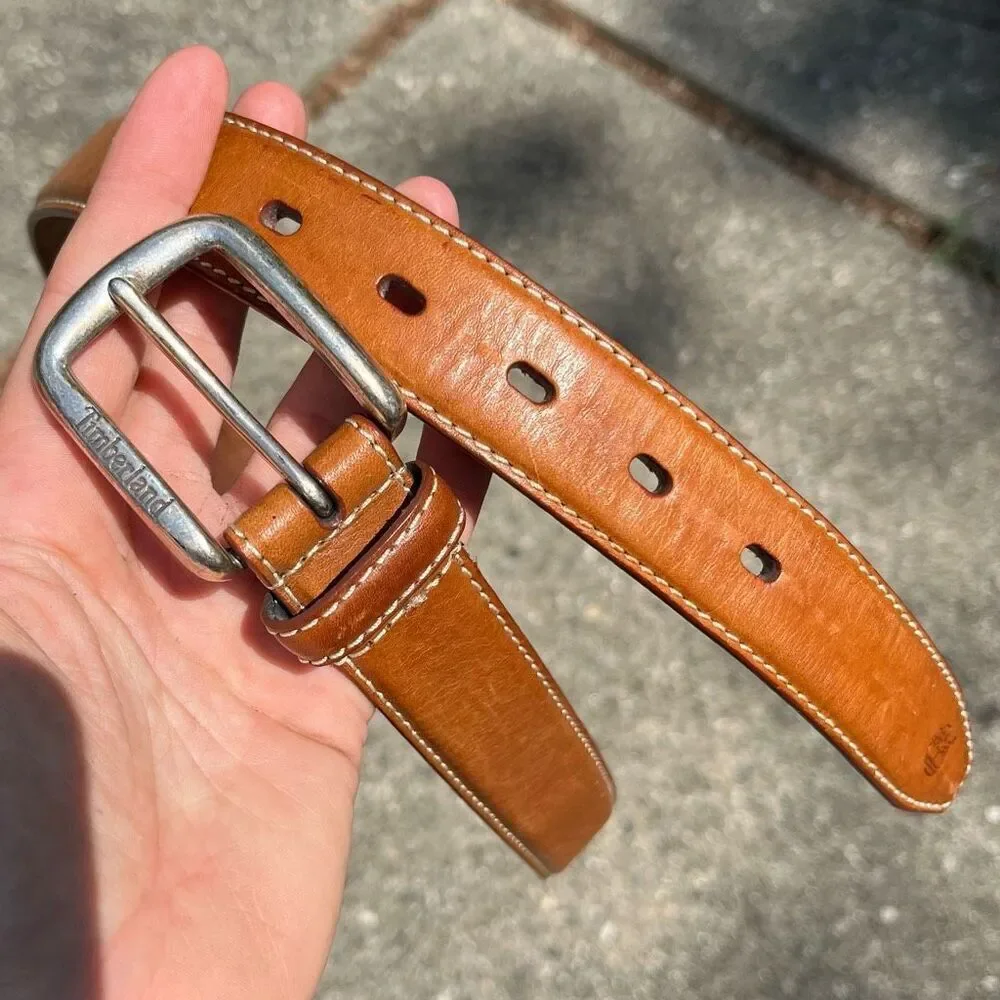 Timberland Tan Leather Belt Sz 34/85 Logo Buckle Contrast Stitching Unisex